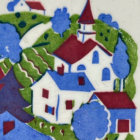 Vintage Wheeling Cushion Hand Painted Rural Village Scene 6" Square Tile Trivet - Picture 4 of 11